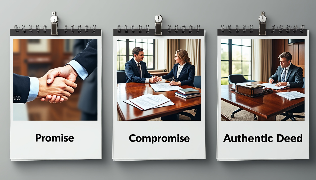 découvrez les différentes étapes clés d'une vente longue en immobilier : de la promesse ou du compromis de vente à la signature de l'acte authentique chez le notaire, avec un calendrier détaillé des délais et formalités à prévoir.