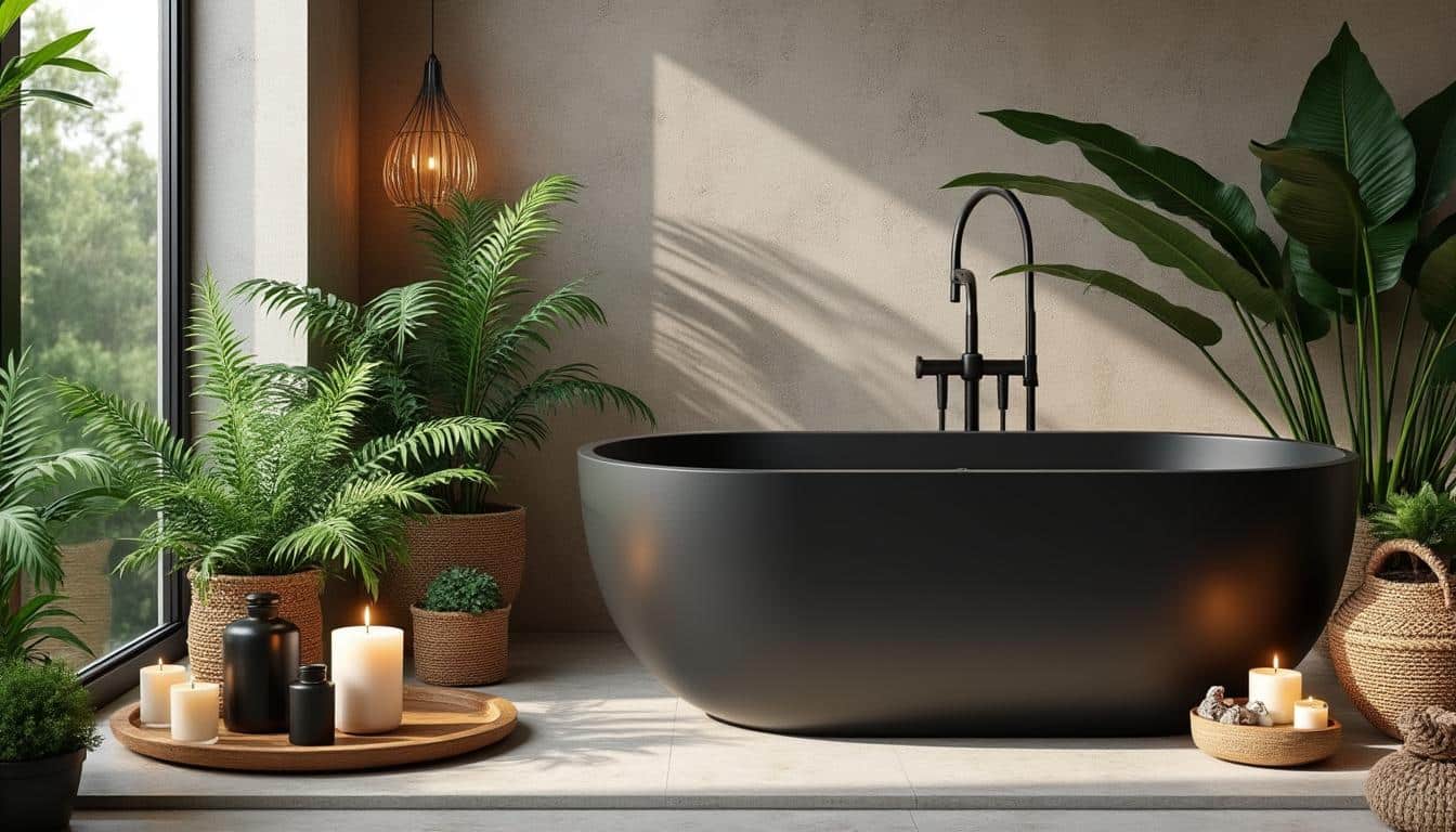 transformez votre salle de bain en un havre de paix avec des accessoires rituals et une touche de verdure grâce aux plantes, pour une ambiance spa apaisante et naturelle.